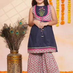 Bitiya by Bhama Girls Floral Printed Regular Sequinned Pure Cotton Kurta with Sharara-image-45