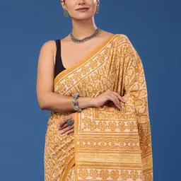 Taavi Ethnic Motifs Block Printed Cotton Dabu Saree With Unstitched Blouse-image-87