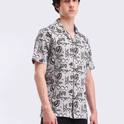 Flying Machine Men Cuban Collar Abstract Printed Cotton Casual Shirt-image-14