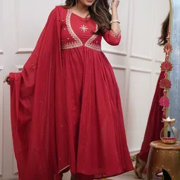 HERE&NOW Ethnic Motifs Embroidered Pure Cotton Anarkali Kurta With Trousers & Dupatta-picture-19
