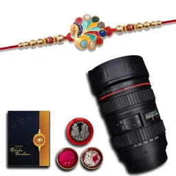 DeoDap Set of 3 Rakhi Roli Chawal Coin & Greeting Card With Camera Lens Box-40