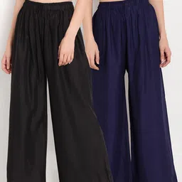 TAG 7 Women Pack Of 2 Black & Navy Blue Solid Flared Palazzos-image-62