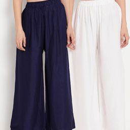 TAG 7 Women Pack Of 2 White & Navy Blue Solid Flared Palazzos-20