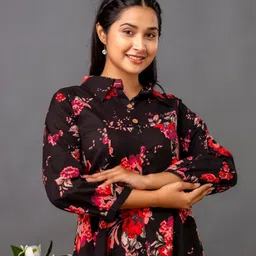 Jasoriya Floral Printed Shirt Collar Cotton A-Line Dress-image-58