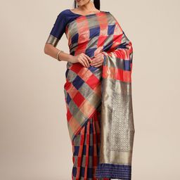 Mitera Red & Navy Blue Silk Blend Woven Design Kanjeevaram Saree-image-23