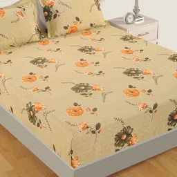 SWAYAM Beige & Orange Floral Fitted 180 TC Cotton 1 Queen Bedsheet with 2 Pillow Covers-45