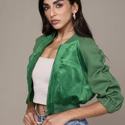 bebe Women Green Crop Bomber Jacket-image-28