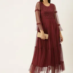 Antheaa Maroon Embellished Tiered Net Maxi Dress-image-26