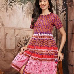 Sangria Floral Print Cotton A-Line Ethnic Dress-image-16