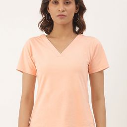BRINNS Women Peach-Coloured V-Neck Cotton T-shirt-image-7