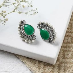 Teejh Ethnic Mahir Dark Green Silver Oxidized Stud Earrings-30