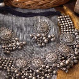 Teejh Kiva Silver Oxidized Ghungroo Necklace & Earrings Set-image-7