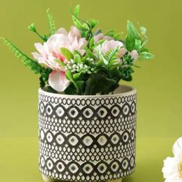 Tayhaa Black & White Ceramic Swirl & Geometric Design Plant Flower Pot-10