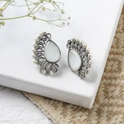 Teejh Ethnic Mahir White Silver Oxidized Stud Earrings-14