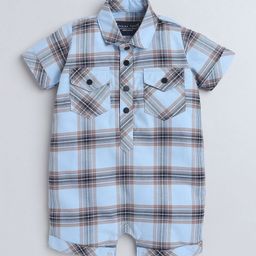 Polka Tots Unisex Kids Blue Half Sleeve Checks Print Shirt Romper With Bow-22