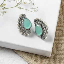 Teejh Ethnic Mahir Light Green Silver Oxidized Stud Earrings-3