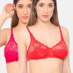 N-Gal Red & Pink Lace Work Half Coverage Bras - Pack Of 2-picture-13