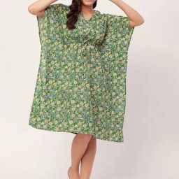 Moomaya Green Cotton Floral Print Kaftan Night Dress-picture-39