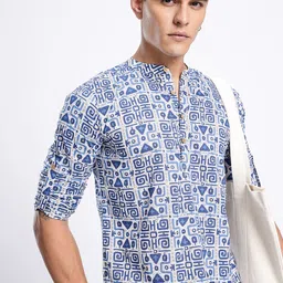 Anouk Rustic Band Collar Geometric Printed Roll-Up Sleeves Kurta-image-29