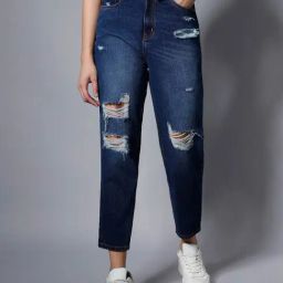 High Star Blue Distressed Relaxed Fit High Rise Jeans-image-52
