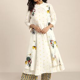 Sangria Women Off-White & Yellow Printed Pure Cotton Anarkali Kurta with Palazzos-picture-47