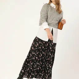 U&F Black & Burgundy Floral Printed Accordion Pleated Maxi Flared Skirt-picture-2