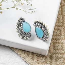 Teejh Ethnic Mahir Blue Silver Oxidized Stud Earrings-7