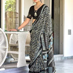 PEENGAX Abstract Pure Cotton Block Print Saree-45