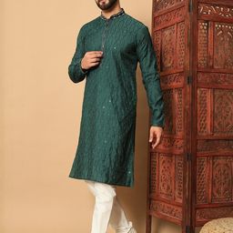 Men's Dark Green Embroidered Sequence Work Kurta-image-47