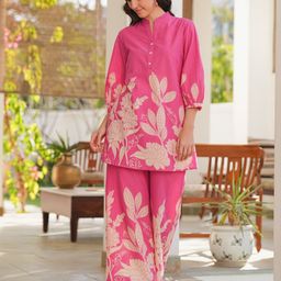 JISORA Women's Pink Printed Cotton Co-ord Set-image-61