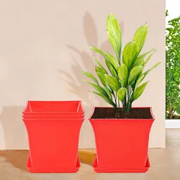 Kuber Industries 4-Pcs Red Premium Flower Pots for Garden withBottomPlates-83