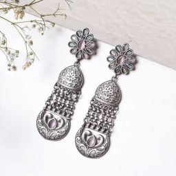 Teejh Ethnic Bina Floral Pink & Green Silver Oxidized Dangler Earrings-7