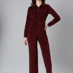 SHOWOFF Wine Cotton Maxi Jumpsuit-image-3