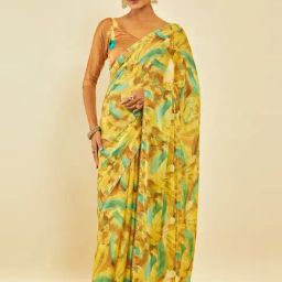 Soch Yellow Chiffon Abstract Print Saree-image-85