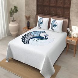 BED-SHEET.COM White & Blue Ethnic Motifs 180 TC King Bedsheet with 2 Pillow Covers-picture-52