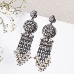 Teejh Ethnic Gahez White Silver Oxidized Dangler Earrings-image-19