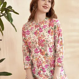 Anouk Floral Printed Band Collar Straight Kurti-image-38