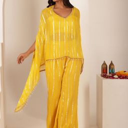 DEASHA INDIA Striped Sleeveless Georgette Top & Palazzos With Cape-image-65