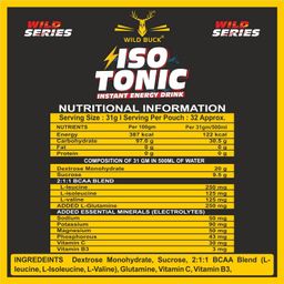 Wild Buck Isotonic Instant Energy Drink,Extended Workout Electrolyte Drink with Anabolic Stack 2:1:1 BCAA,Dextrose Monohydrate|833mg Electrolytes[32 Servings,Orange Flavor]Free Shaker,1000 grams image 3