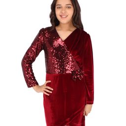 Cutecumber Full Sleeves Chenille Sequin And Bow Embellished Shift Dress - Maroon-image-90