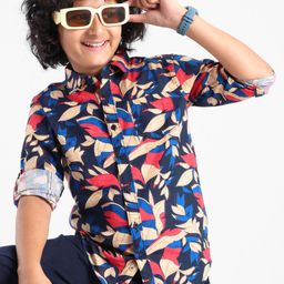 Pine Kids Cotton Roll Up Full Sleeves Leaves Printed Shirt- Navy Blue-image-71