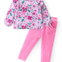 Babyhug 100% Cotton Knit Full Sleeves Top & Corduroy Jegging  With Floral Print - Pink-image-19