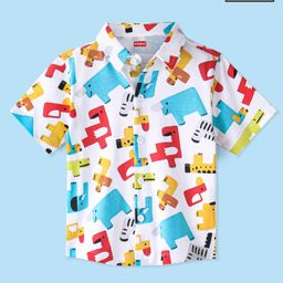 Babyhug Cotton Knitted Half Sleeves  Regular Collar Shirt Animals Printed  - White-image-50
