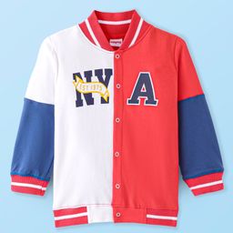 Babyhug 100% Cotton Knit Full Sleeves Front Open Bomber Jacket with Text Graphics & Embroidery Detailing - Red & White-picture-6