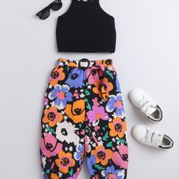 Taffykids Halter Neck Solid Crop Top With Floral Printed Joggers - Black & Multi Colour-image-51
