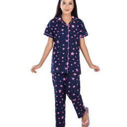 Clothe Funn Full Sleeves Stars Printed Knitted  Night Suit  - Navy Blue-image-30