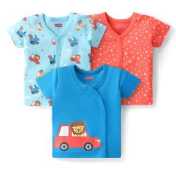 Babyhug 100% Cotton Knit Half Sleeves  Front Open Set of Vests Lion Car & Star Print  Pack of 3 - Multicolour-image-60