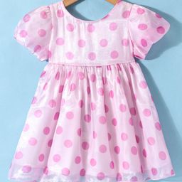Kookie Kids Half Sleeves Frock With Polka Dot Print - Pink-image-40