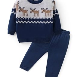 Babyhug Knitted Full Sleeves Sweater Set with Reindeer Design - Navy Blue-image-38