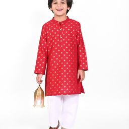 Babyhug Cotton Woven Full Sleeves Floral Foil Printed Kurta - Red-image-3